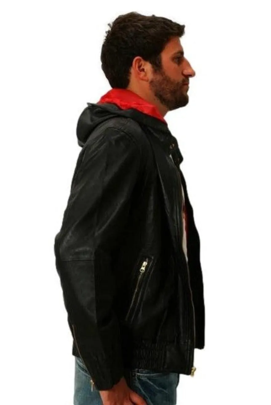 Men Black Leather Jacket with Hood