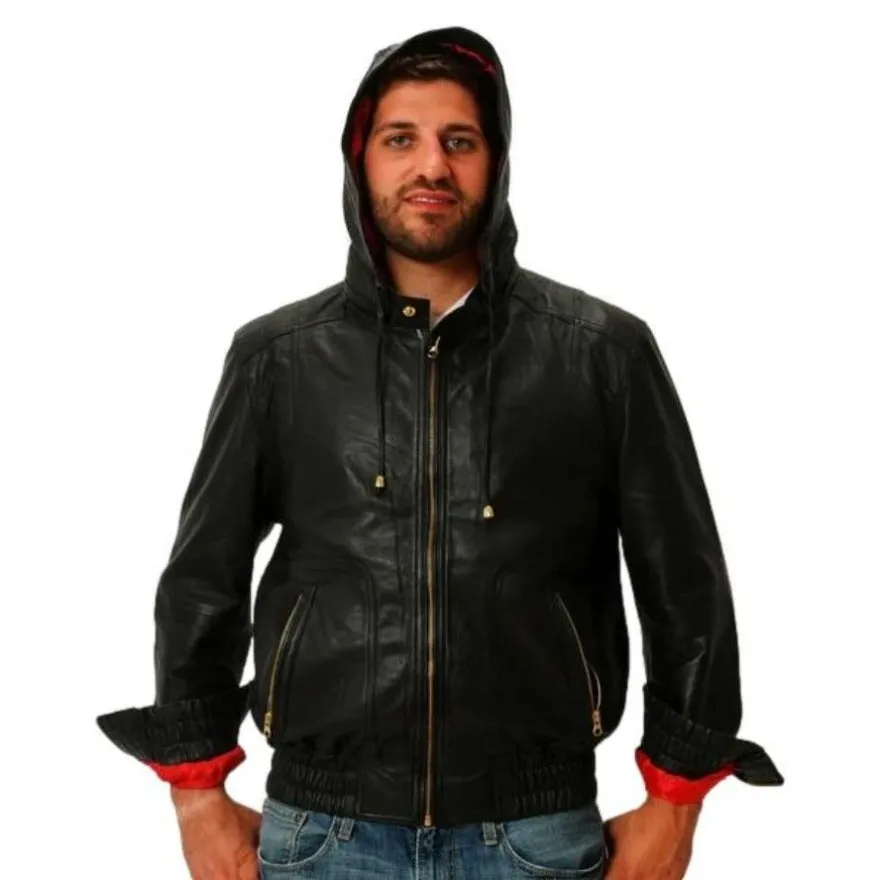 Men Black Leather Jacket with Hood