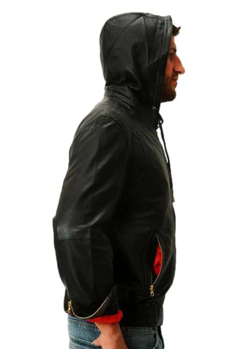 Men Black Leather Jacket with Hood