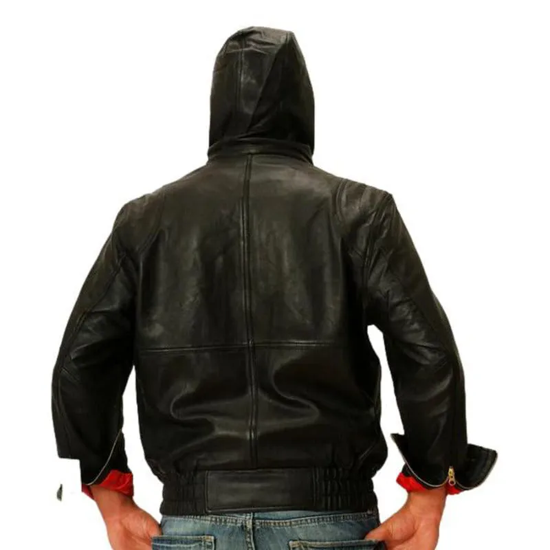 Men Black Leather Jacket with Hood