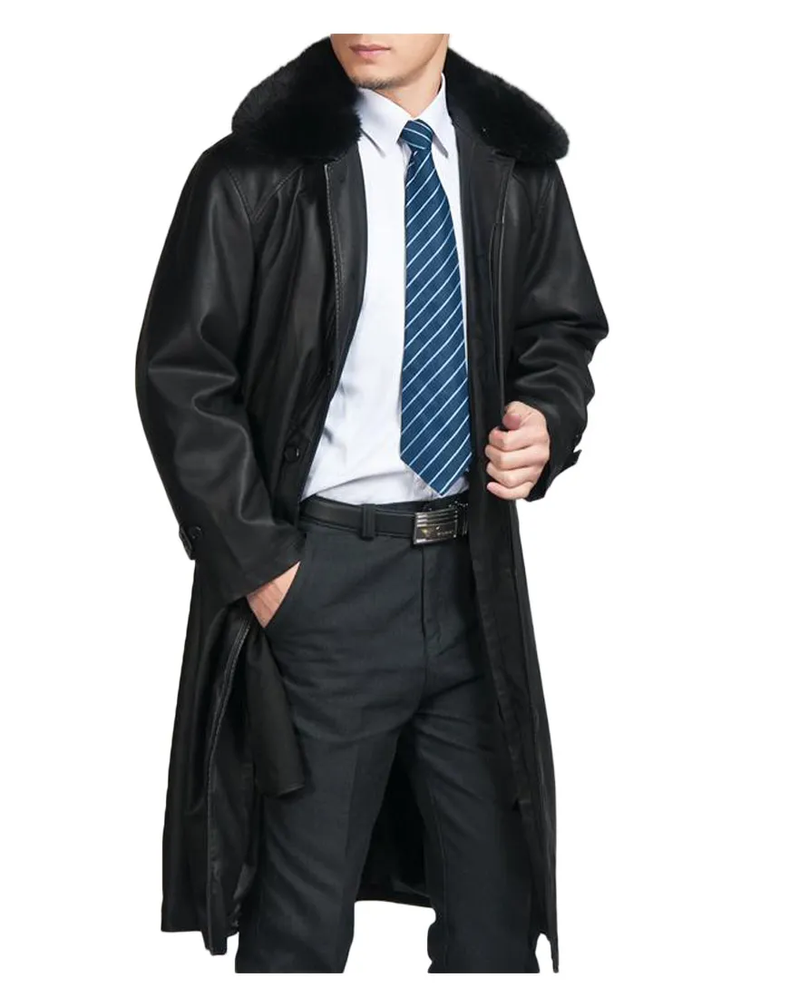 Mens Black Leather Trench Coat with Fur Collar - UJackets