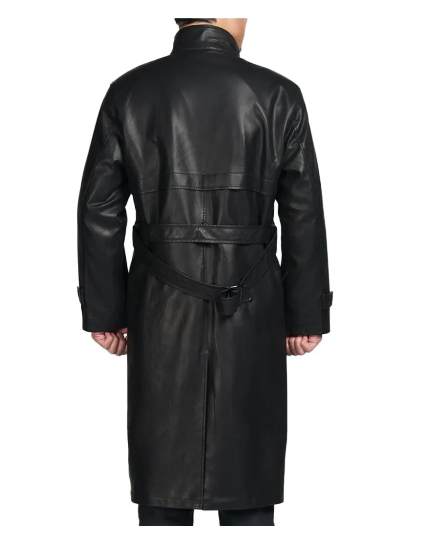 Mens Black Leather Trench Coat with Fur Collar - UJackets