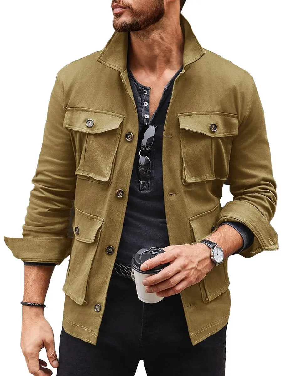 Mens Casual Windproof Multi-Pocket Button Up Safari Jacket