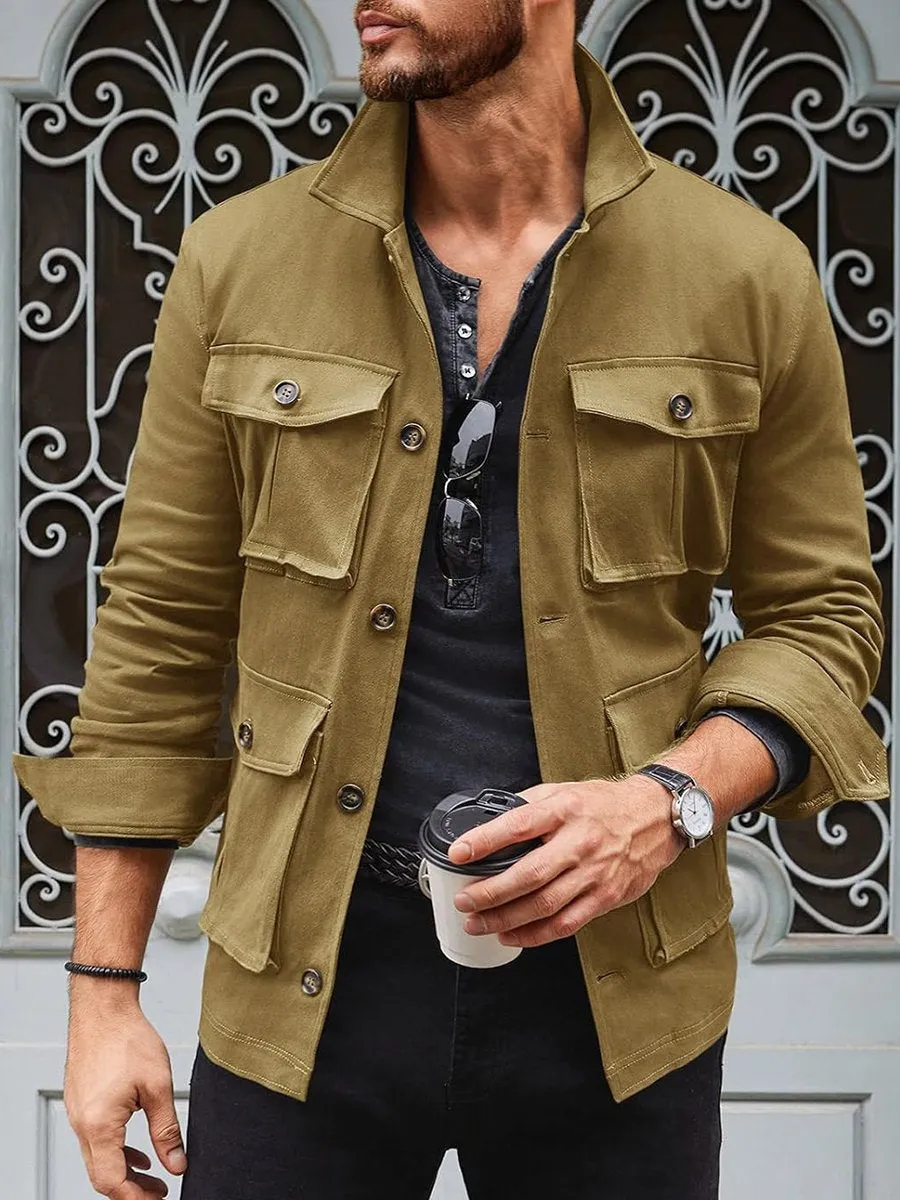 Mens Casual Windproof Multi-Pocket Button Up Safari Jacket