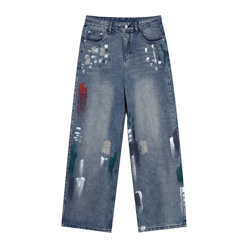 Men's Denim Loose Fit Mid Waist Wide Straight Leg Casual Trousers