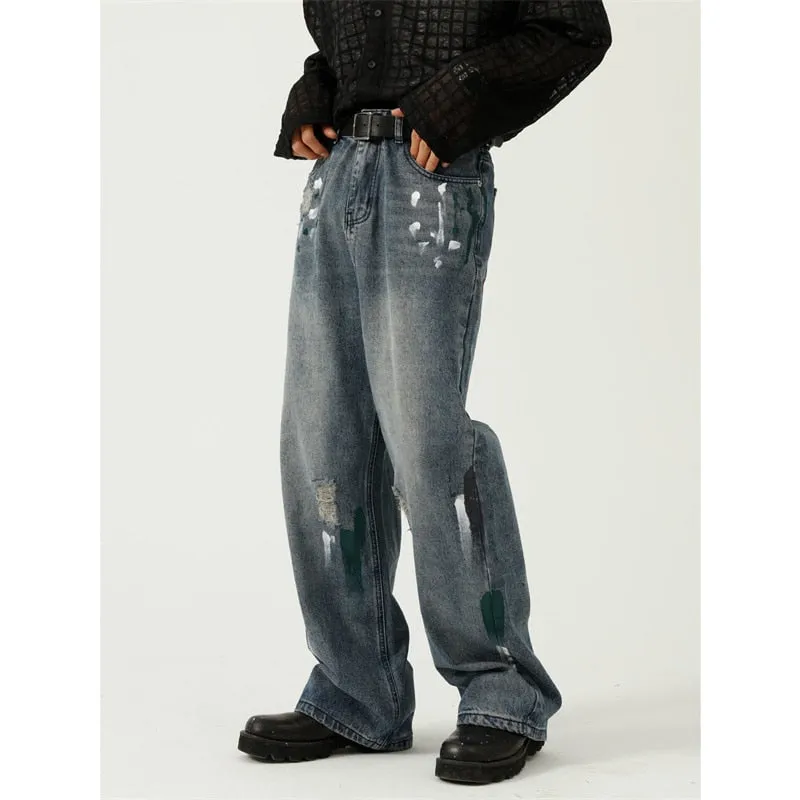 Men's Denim Loose Fit Mid Waist Wide Straight Leg Casual Trousers