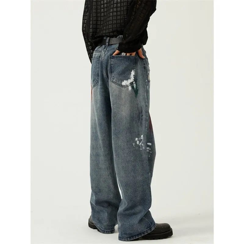 Men's Denim Loose Fit Mid Waist Wide Straight Leg Casual Trousers