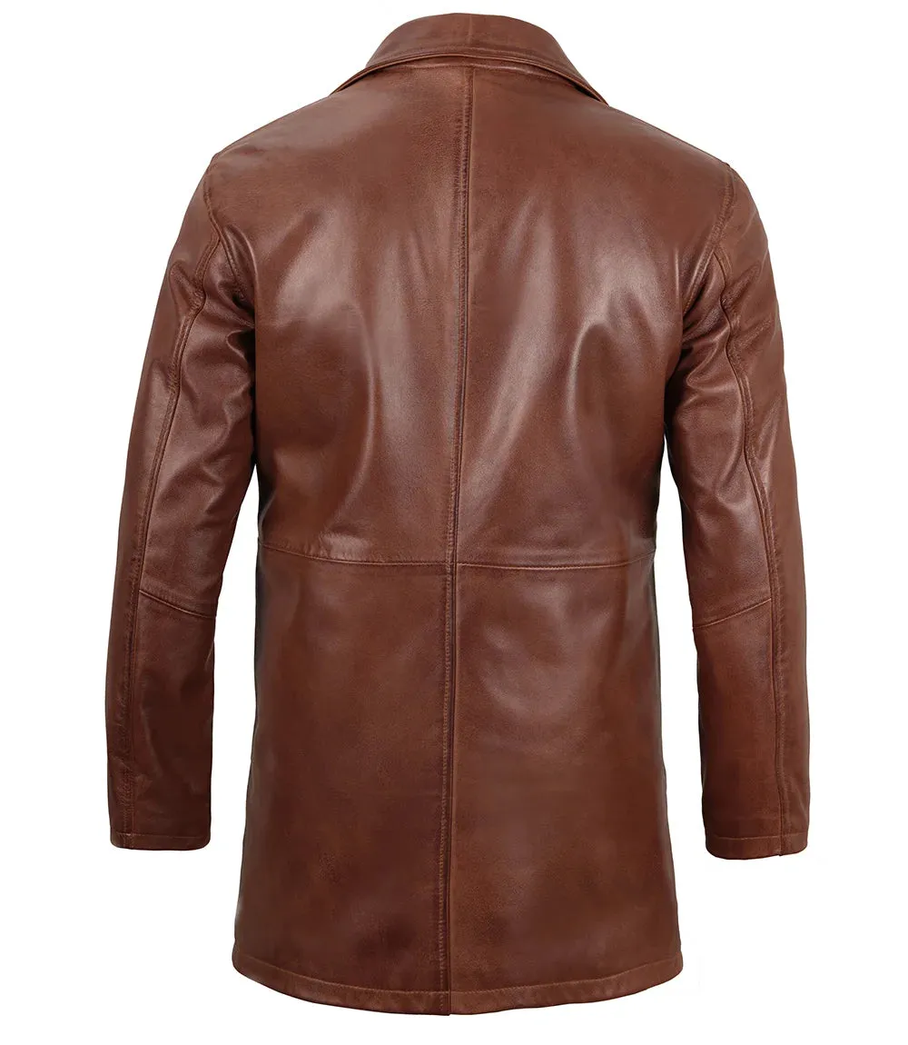 Mens Tan Brown 3/4 Length Leather Car Coat