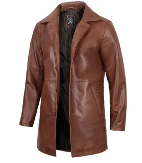 Mens Tan Brown 3/4 Length Leather Car Coat