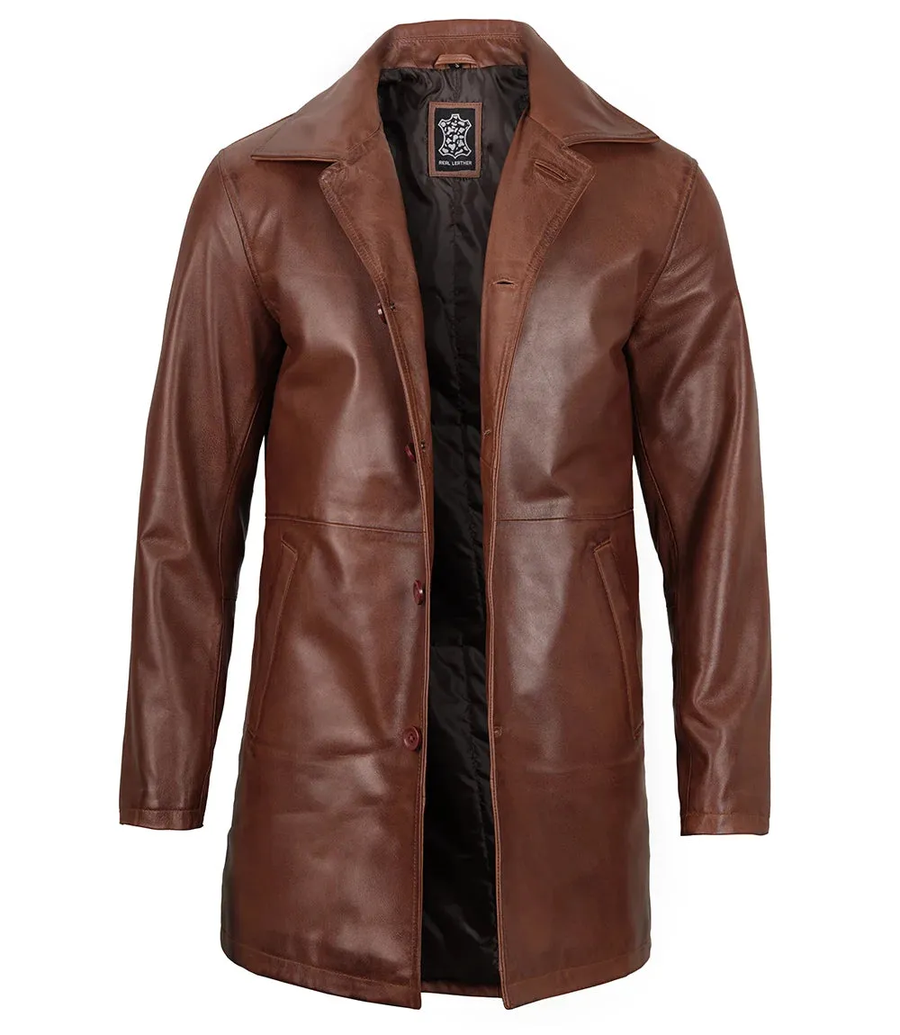 Mens Tan Brown 3/4 Length Leather Car Coat