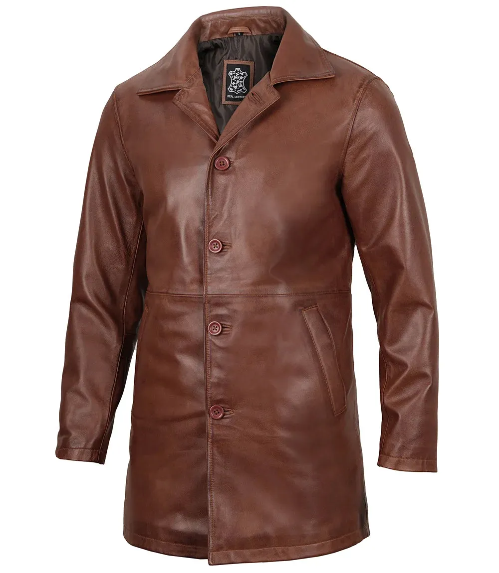 Mens Tan Brown 3/4 Length Leather Car Coat