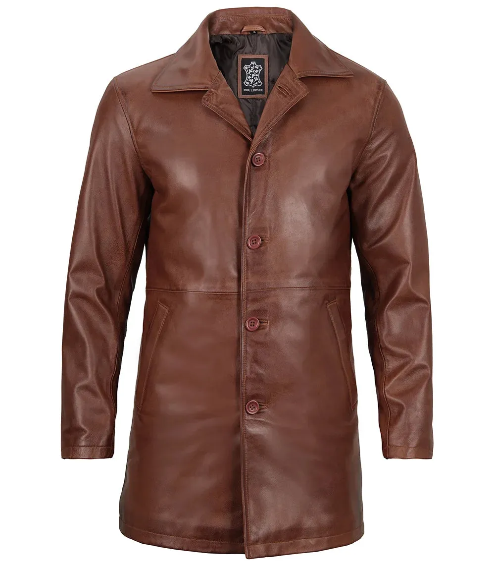 Mens Tan Brown 3/4 Length Leather Car Coat