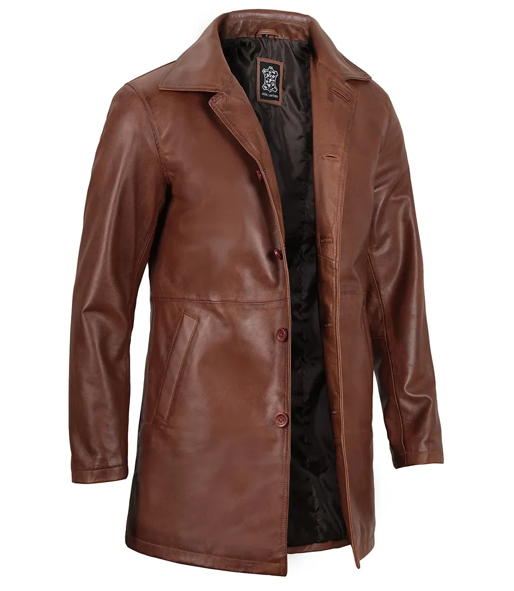 Mens Tan Brown 3/4 Length Leather Car Coat