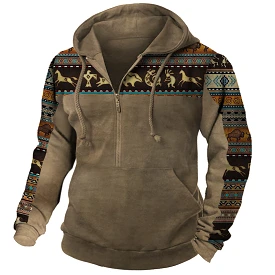 Men's Vintage Ethnic Print Panel Hooded Sweatshirt