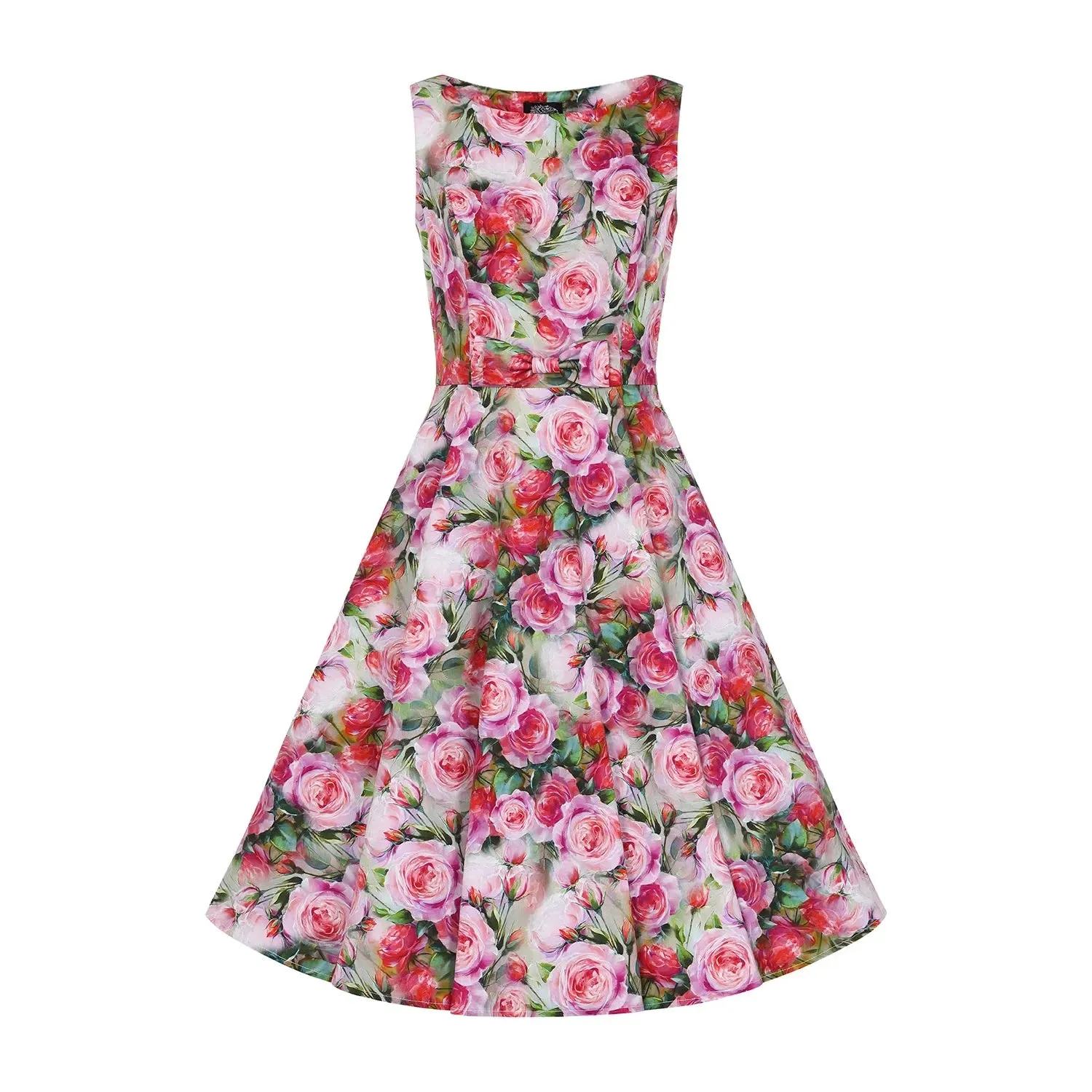 Multi Coloured Pink Red Rose Print Swing Tea Dress