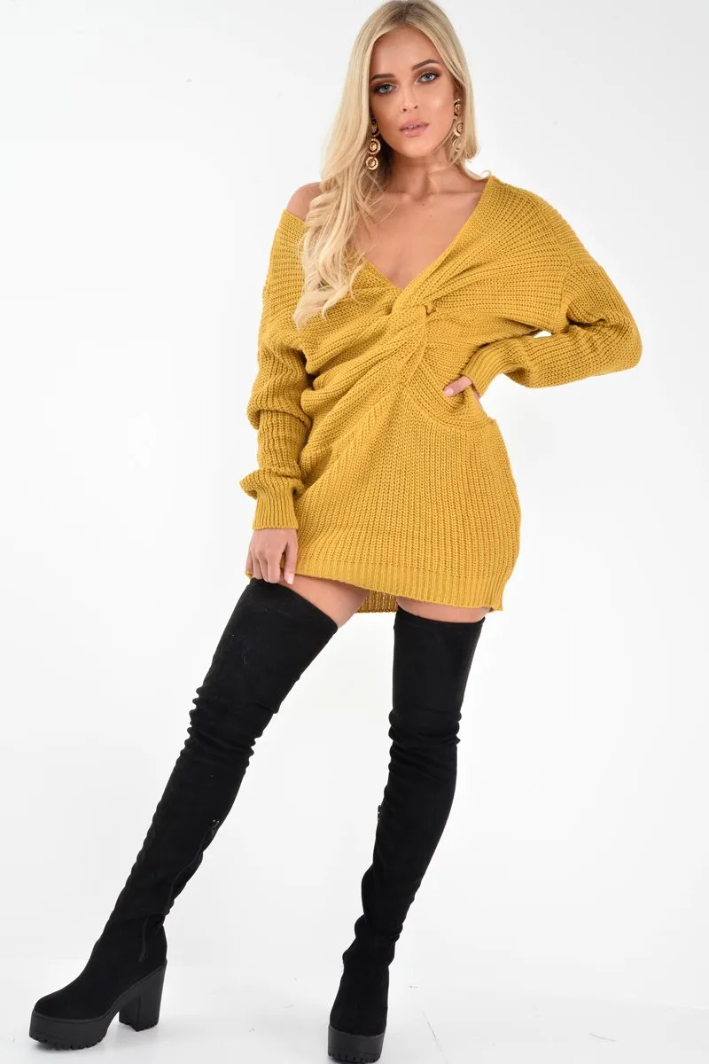 Mustard Knot Front Jumper Dress - Hydee