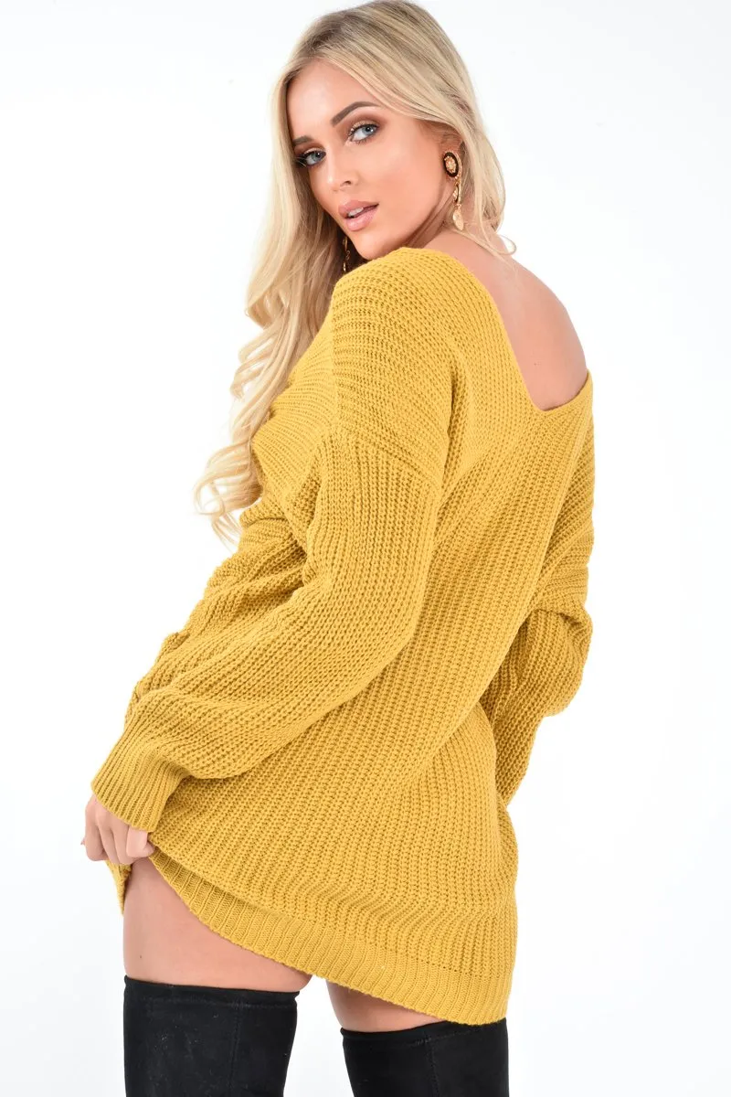 Mustard Knot Front Jumper Dress - Hydee