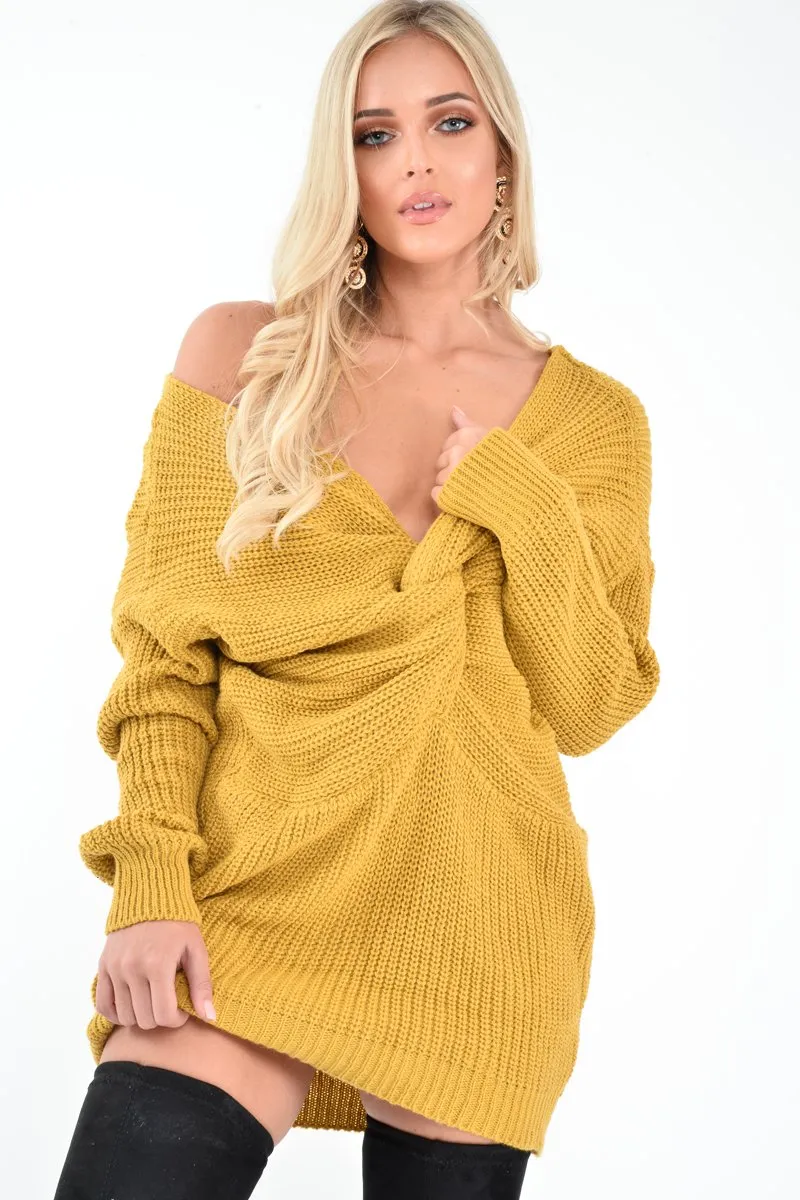 Mustard Knot Front Jumper Dress - Hydee