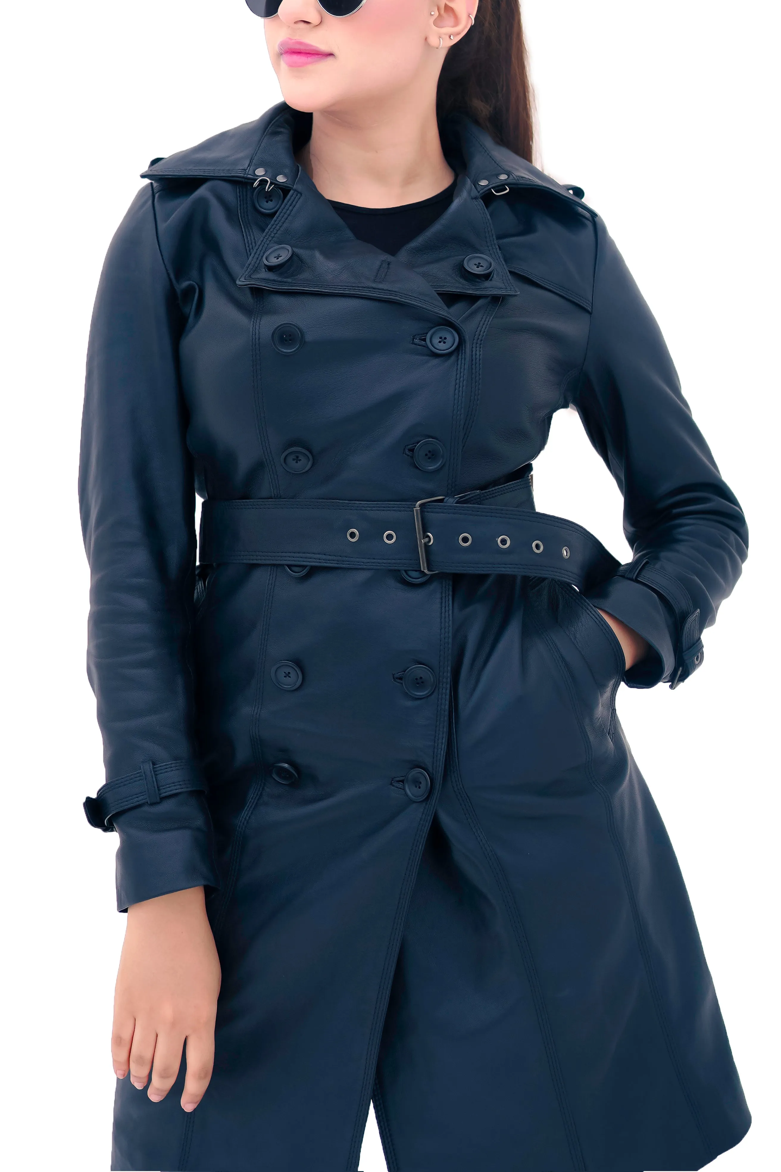 New Ladies Women Black Genuine Real Leather Trench Coat