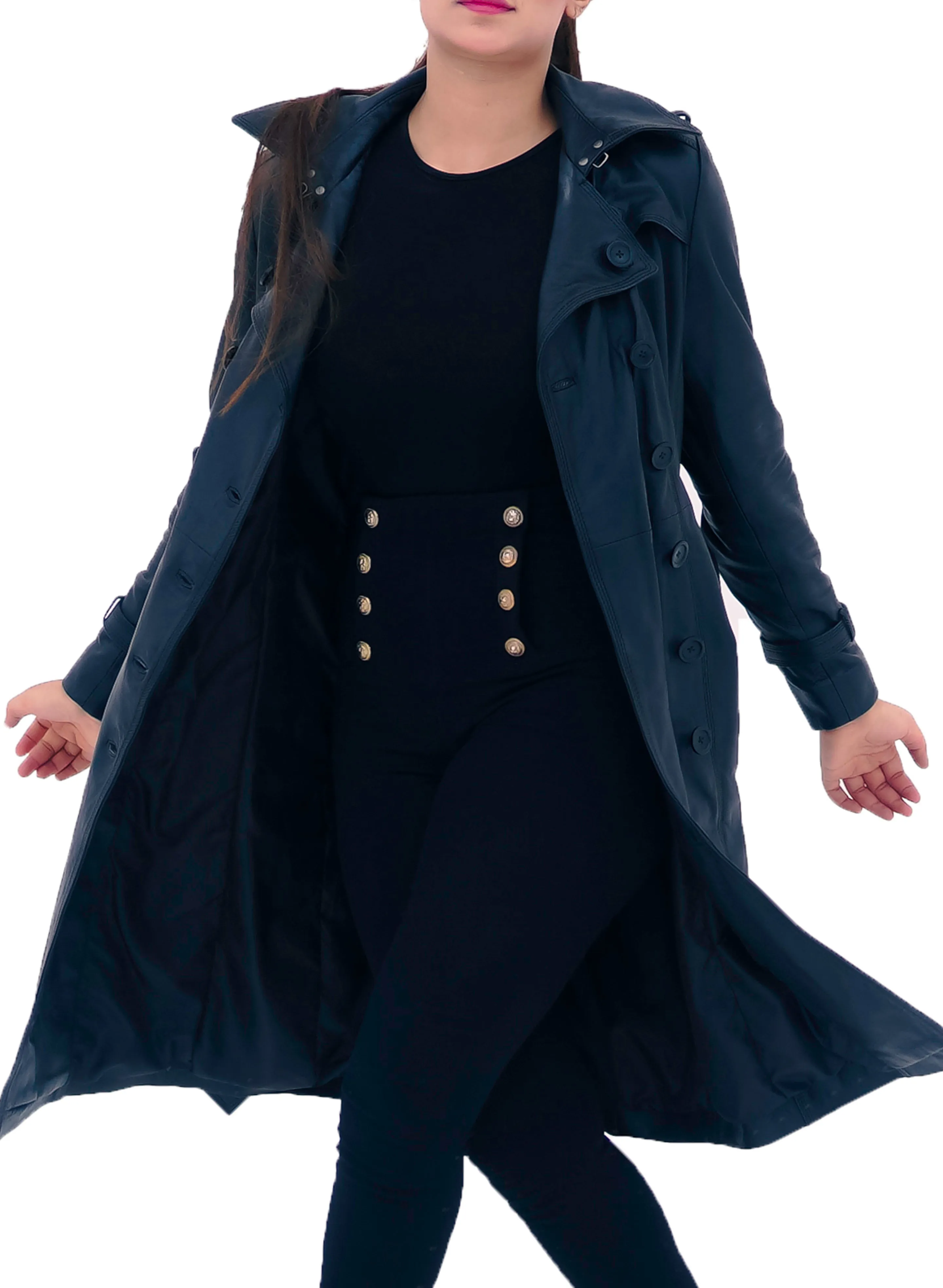 New Ladies Women Black Genuine Real Leather Trench Coat