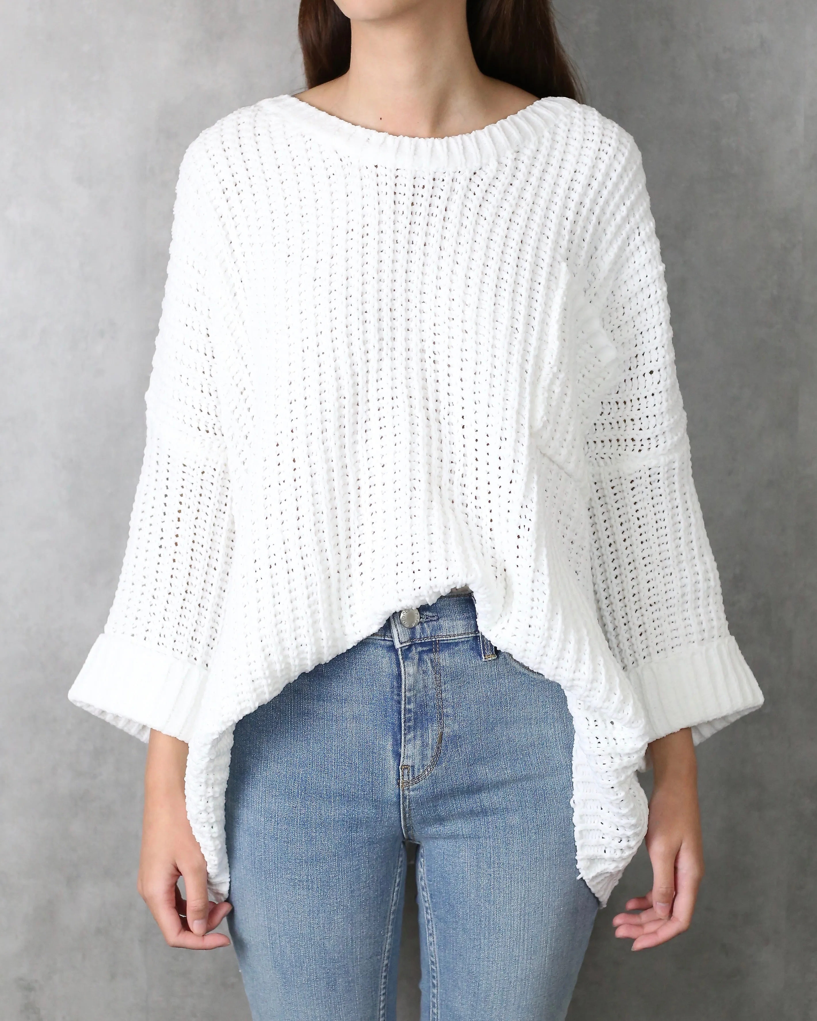 Odette Oversized Cuffed Chenille Knit Sweater in White