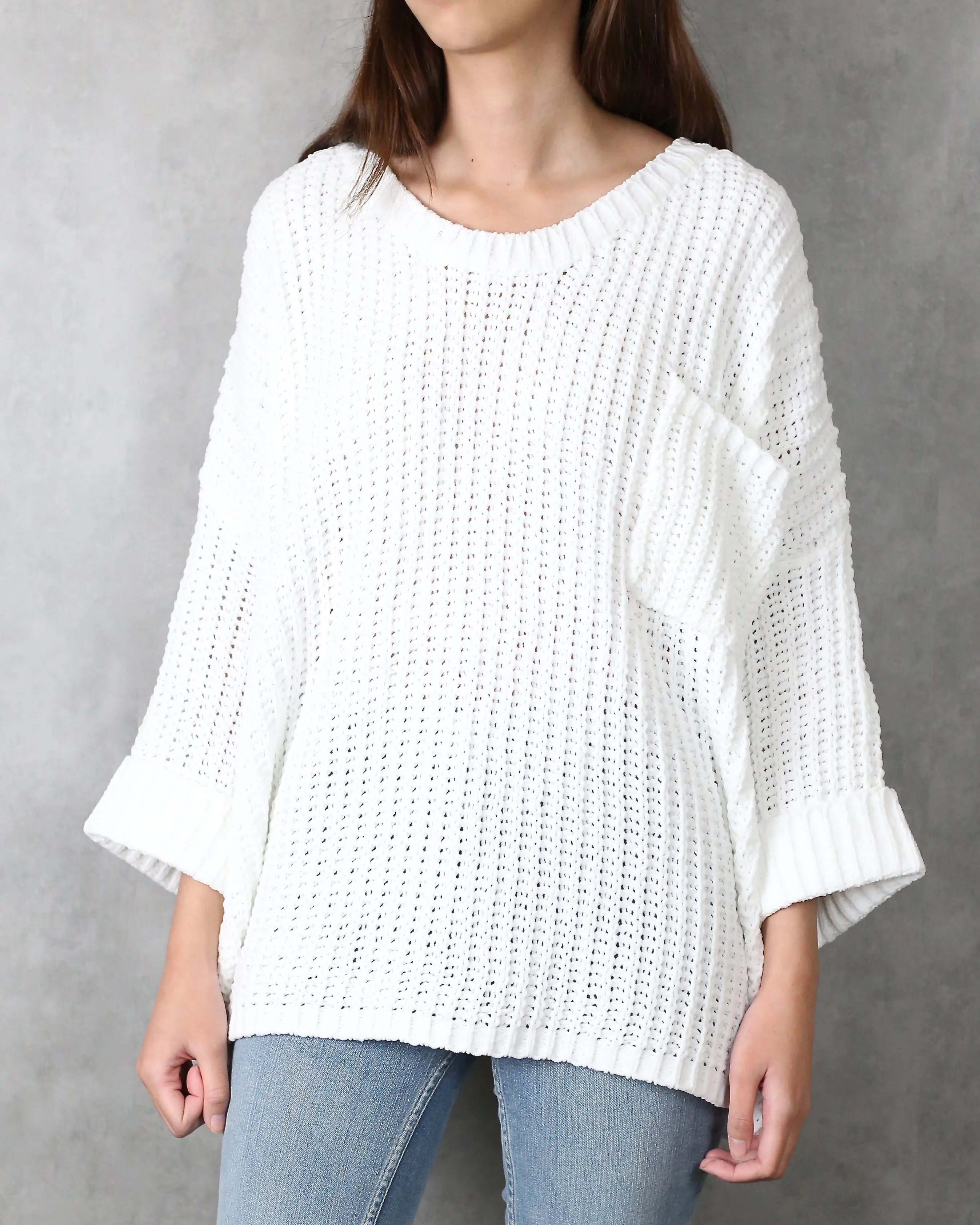 Odette Oversized Cuffed Chenille Knit Sweater in White