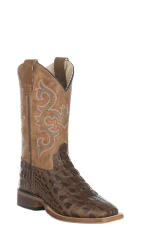 Old West Youth Chocolate Croc Print and Tan Wide Square Toe Western Boots