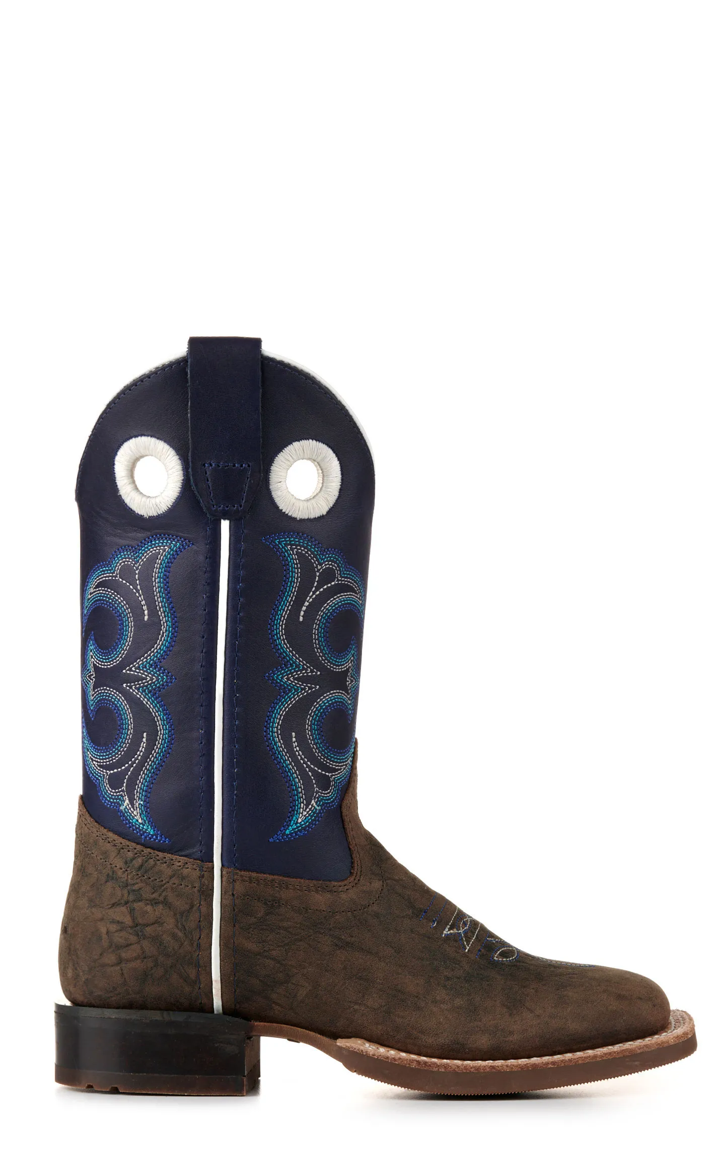 Old West Youth Dark Brown and Blue Wide Square Toe Cowboy Boots