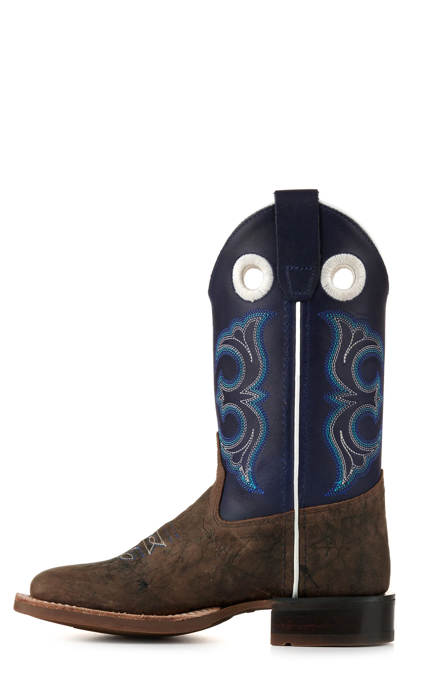 Old West Youth Dark Brown and Blue Wide Square Toe Cowboy Boots