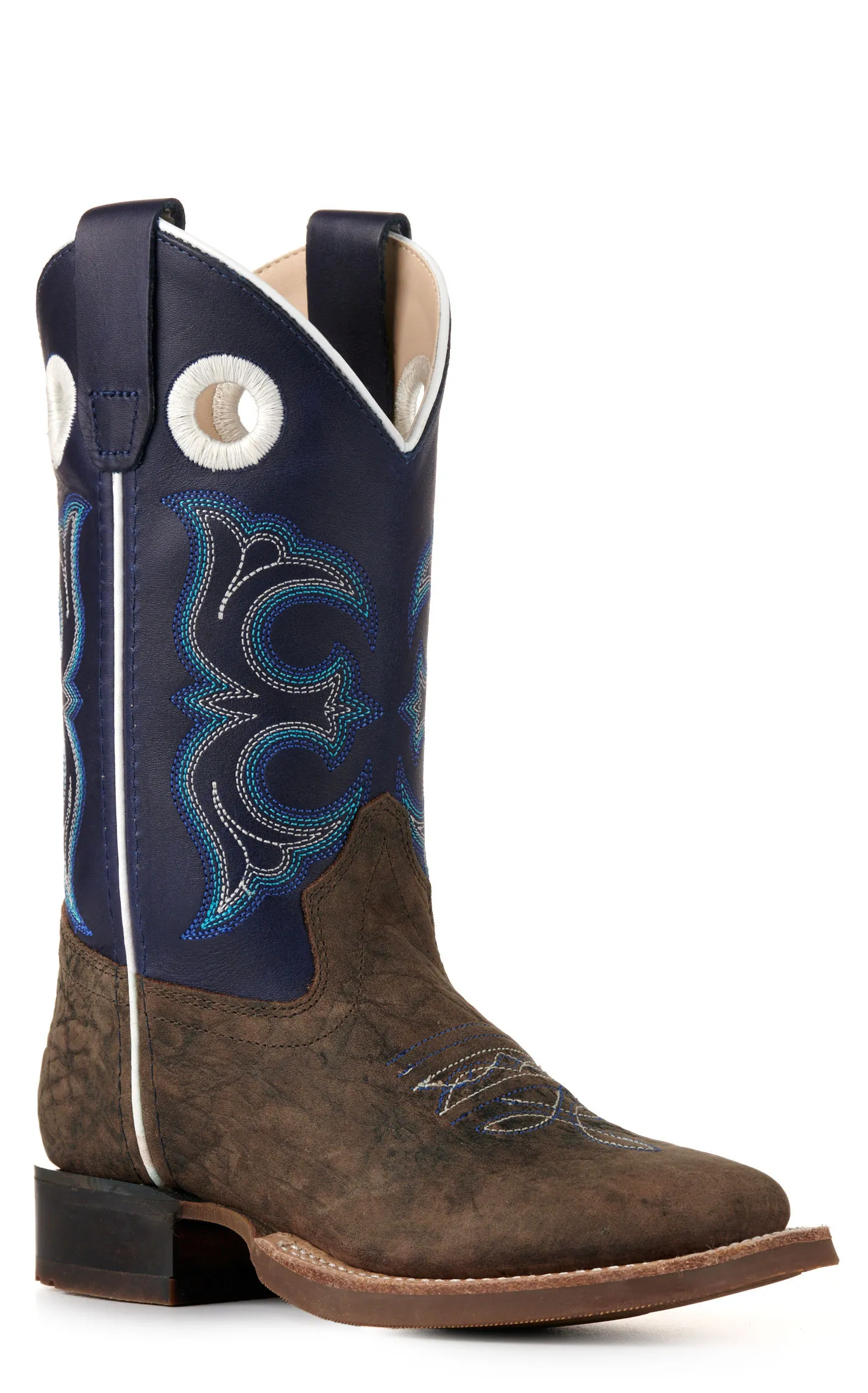 Old West Youth Dark Brown and Blue Wide Square Toe Cowboy Boots