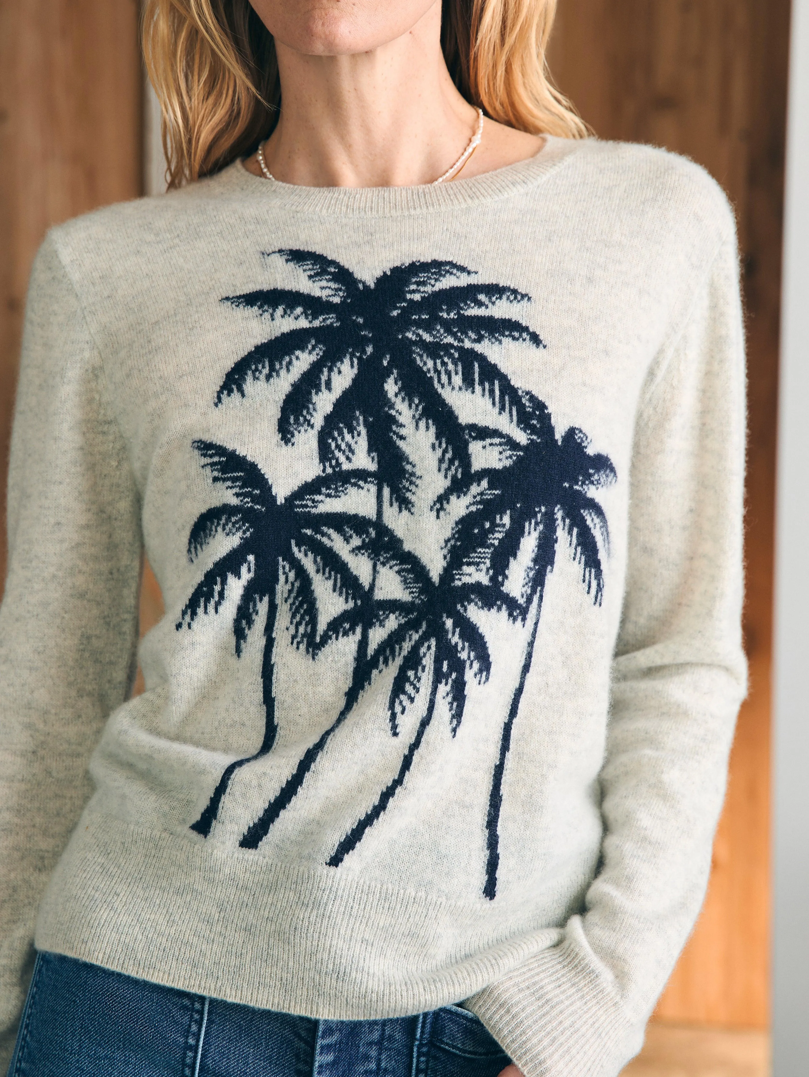 Palm Coast Cashmere Crew - Navy Palm Horizon