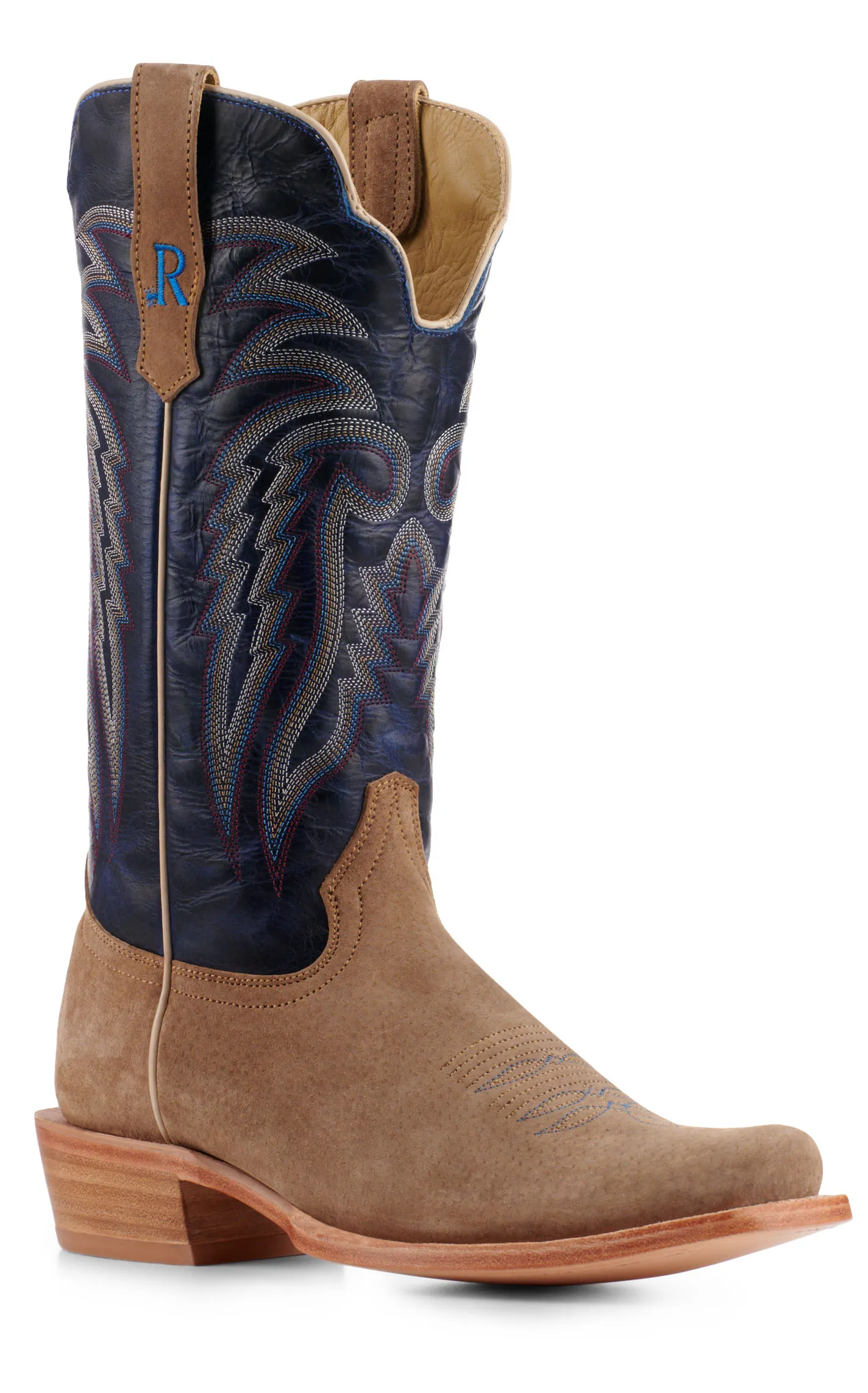 R. Watson Men's Cafe Brown Boar and Blue Punchy Square Toe Cowboy Boots