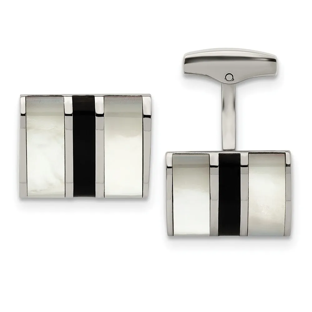 Stainless Steel Mother of Pearl Black Onyx Striped Cuff Links, 18x14mm