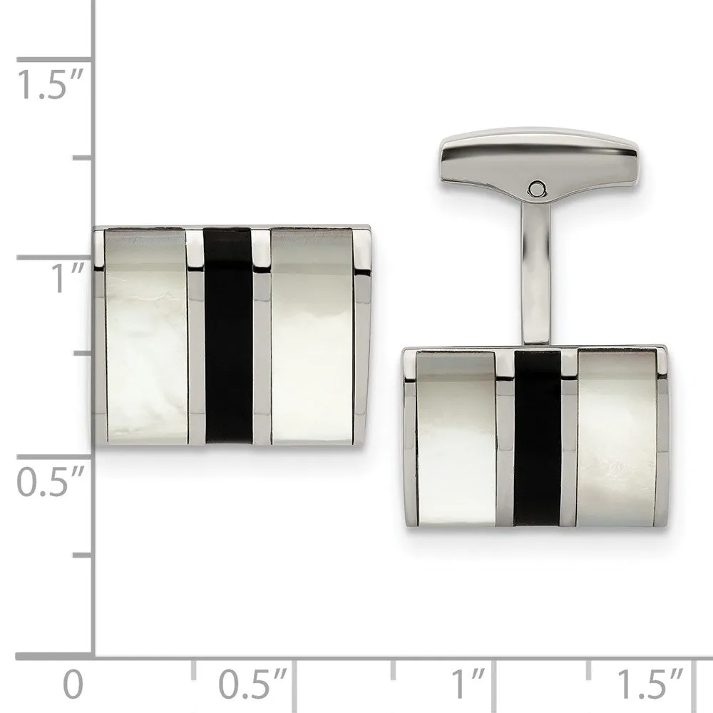 Stainless Steel Mother of Pearl Black Onyx Striped Cuff Links, 18x14mm