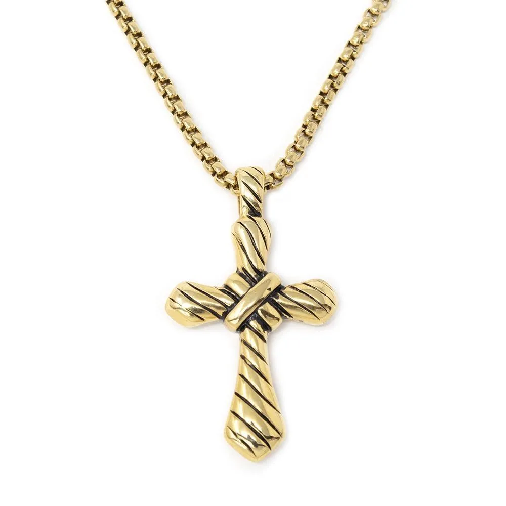 Stainless Steel Necklace W Striped Cross Pendant Gold Pl