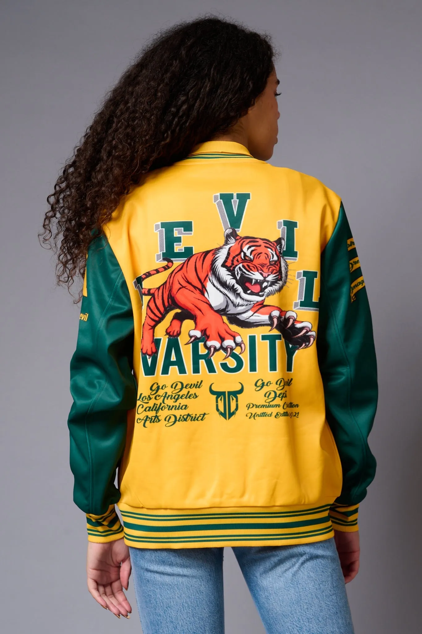 Tiger Printed Yellow & Green Varsity Jacket for Women