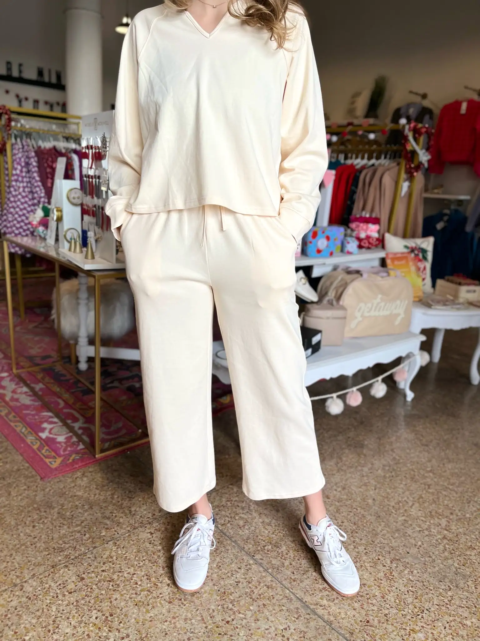 V-Neck Sweatshirt and Pant Set- Cream