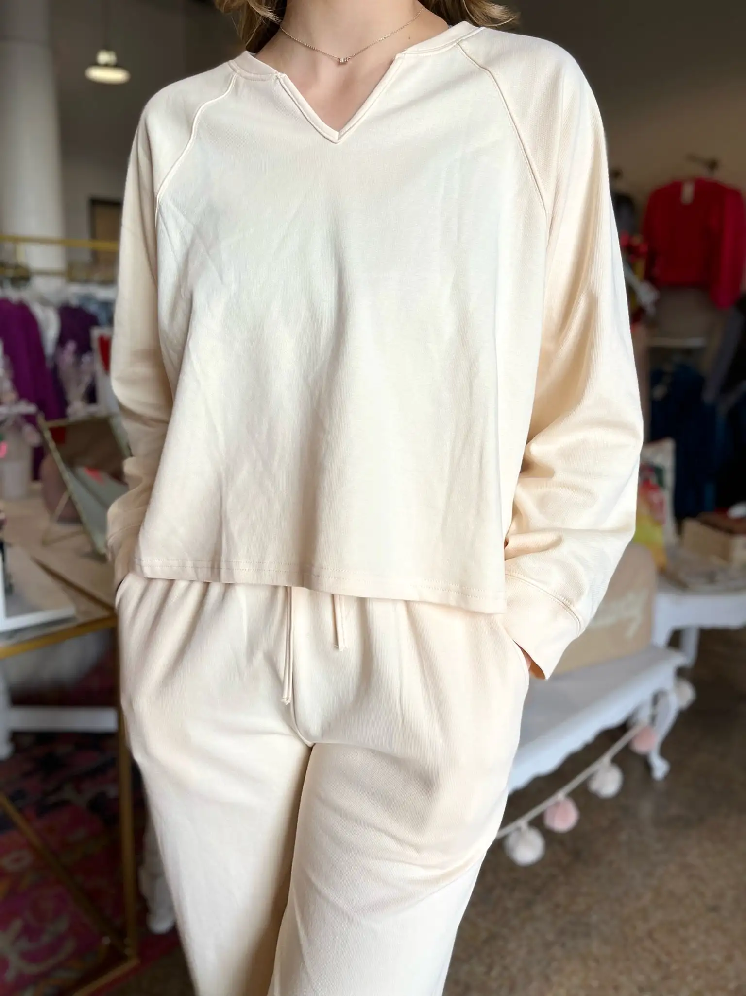 V-Neck Sweatshirt and Pant Set- Cream