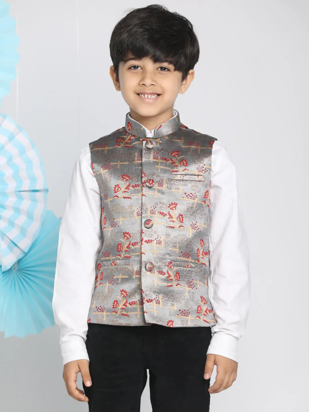 VASTRAMAY Boys' Multicolor-Base-Grey Jacquard Nehru Jacket