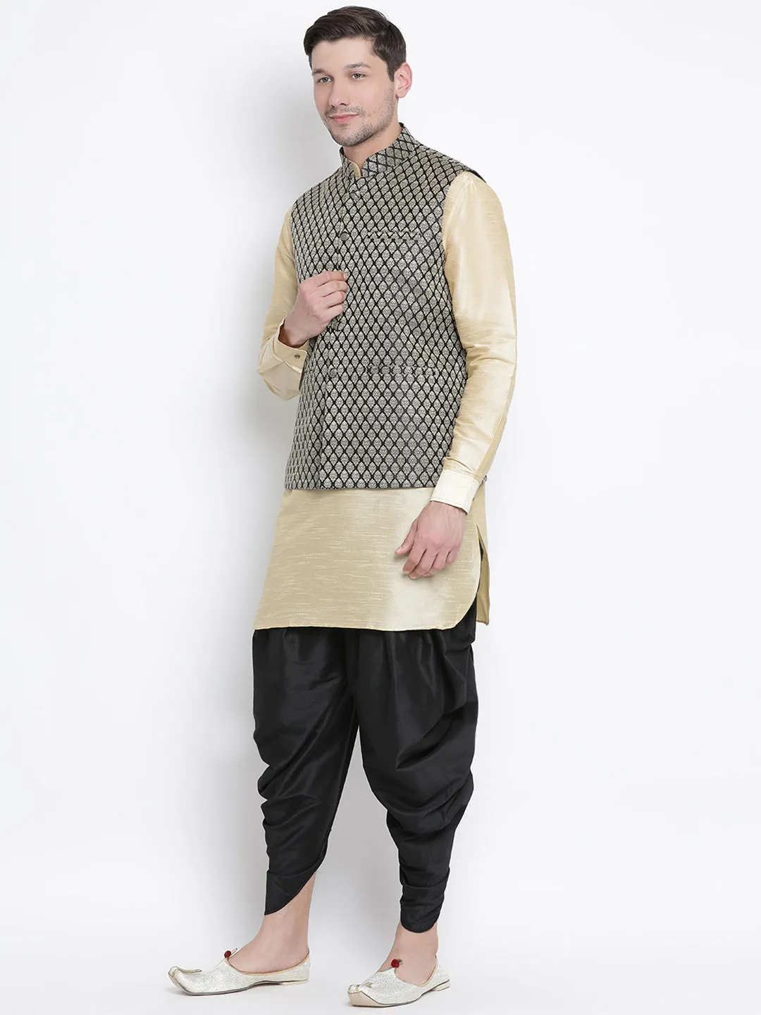 VM By VASTRAMAY Men's Black Silk Blend Jacket With Curved Kurta Dhoti Set