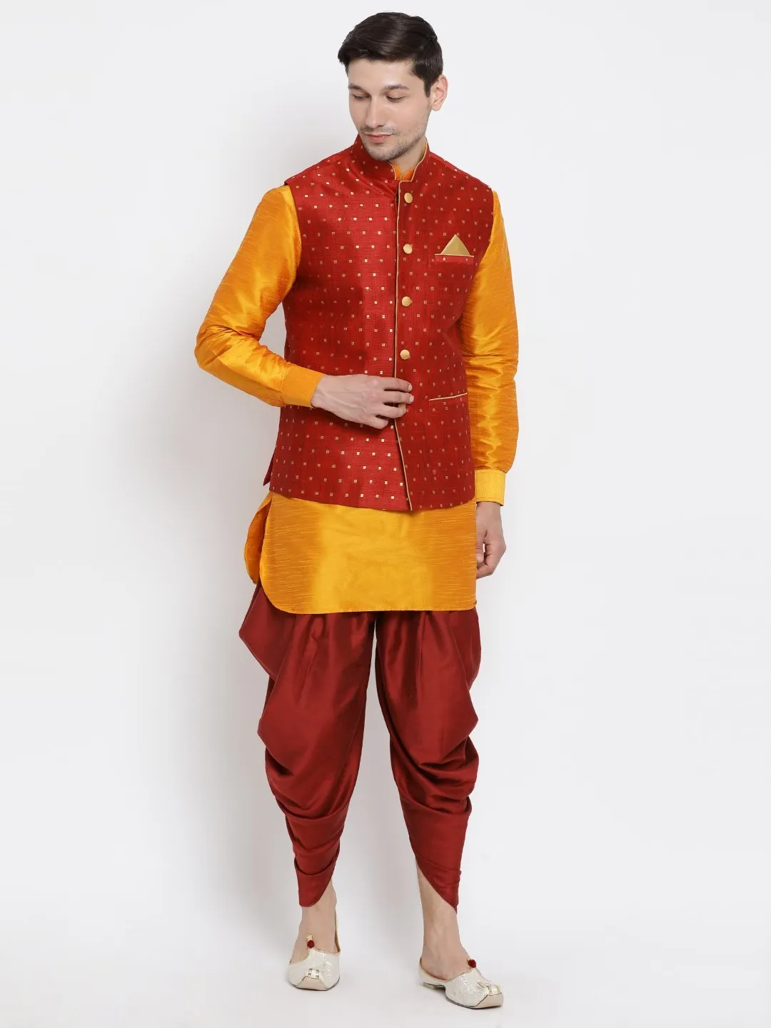 VM By VASTRAMAY Men's Maroon Zari Weaved Jacket With Kurta Dhoti Set