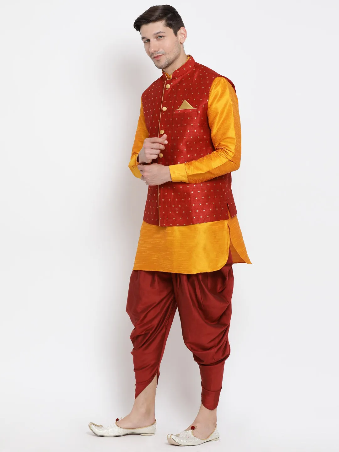 VM By VASTRAMAY Men's Maroon Zari Weaved Jacket With Kurta Dhoti Set