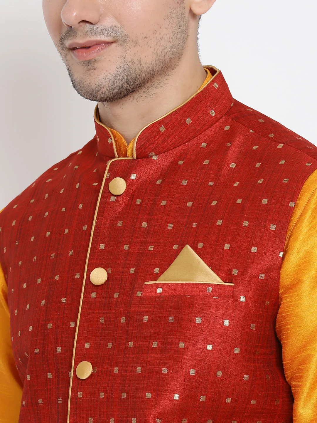 VM By VASTRAMAY Men's Maroon Zari Weaved Jacket With Kurta Dhoti Set