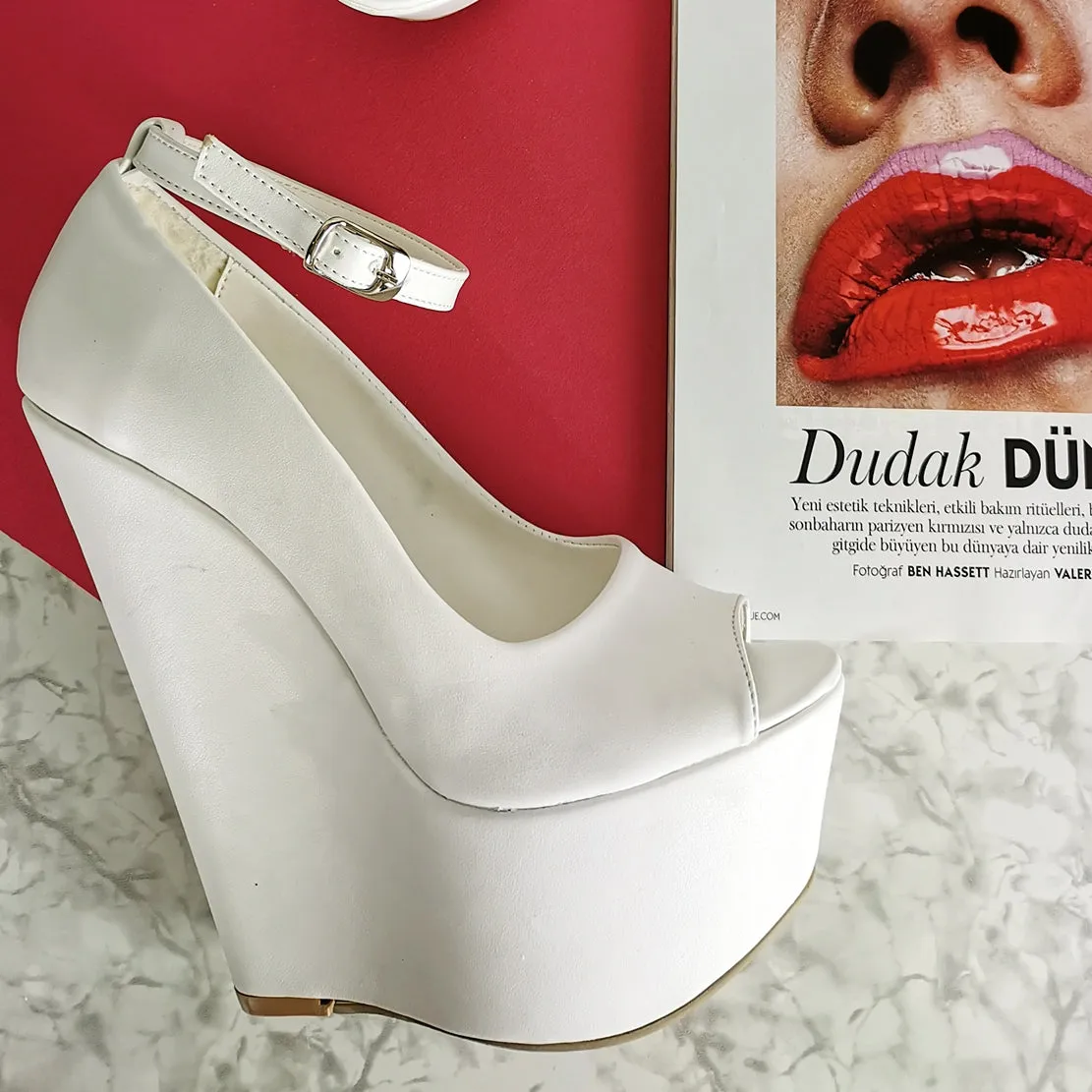 White Ankle Strap Peep Toe Wedges