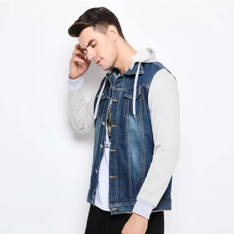 Xituodai Denim Jacket Men Hooded Jeans Jackets Mens Fashion Patchwork Hoodies Casual Cowboy Mens Jacket Streetwear Mens Jackets 